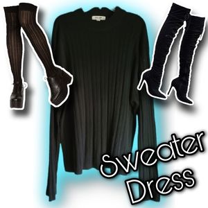 Linea Uomo Black Ribbed Sweater Dress, Mock Neck